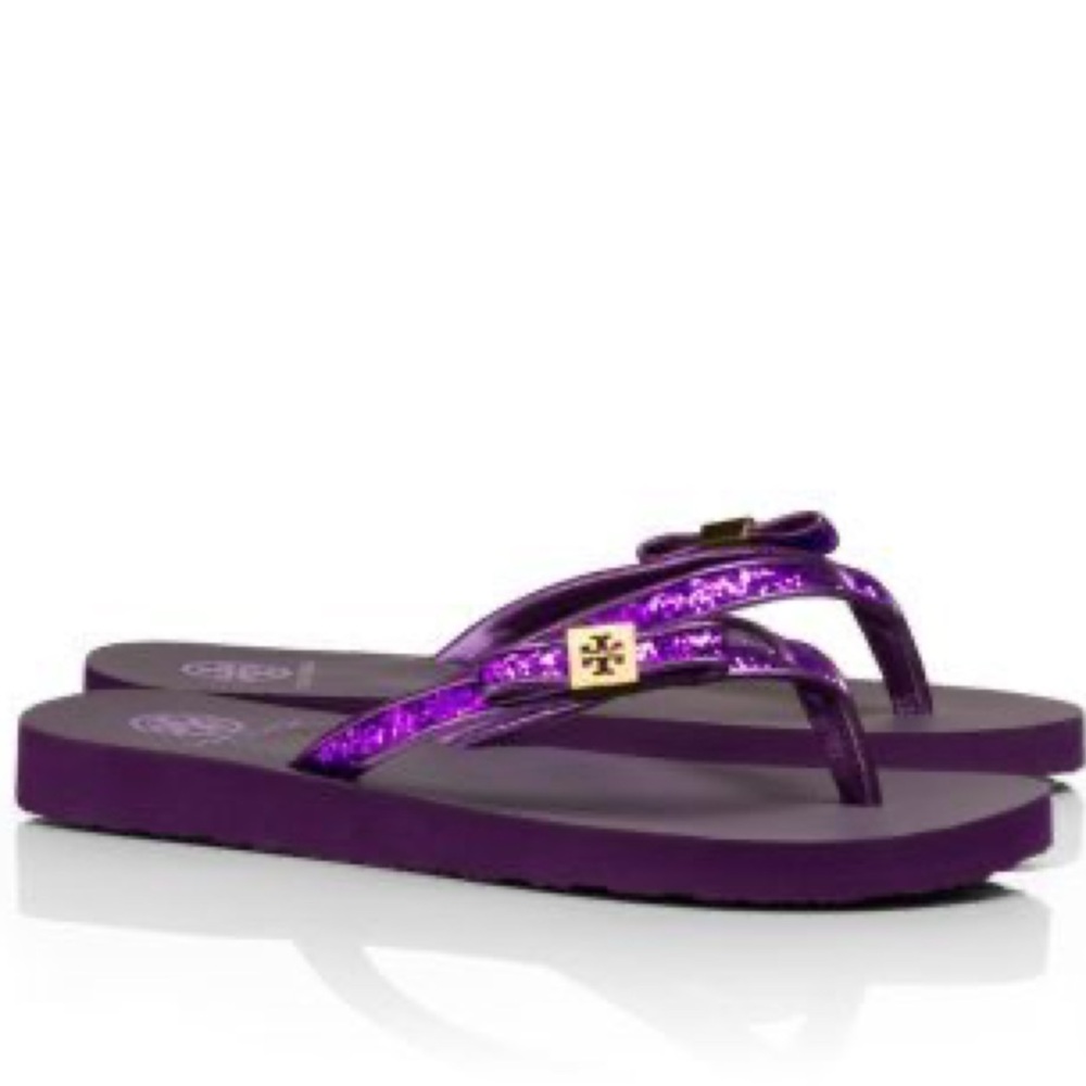 Tory Burch Purple Glitter Metallic Side Bow Flip Flops Sandals